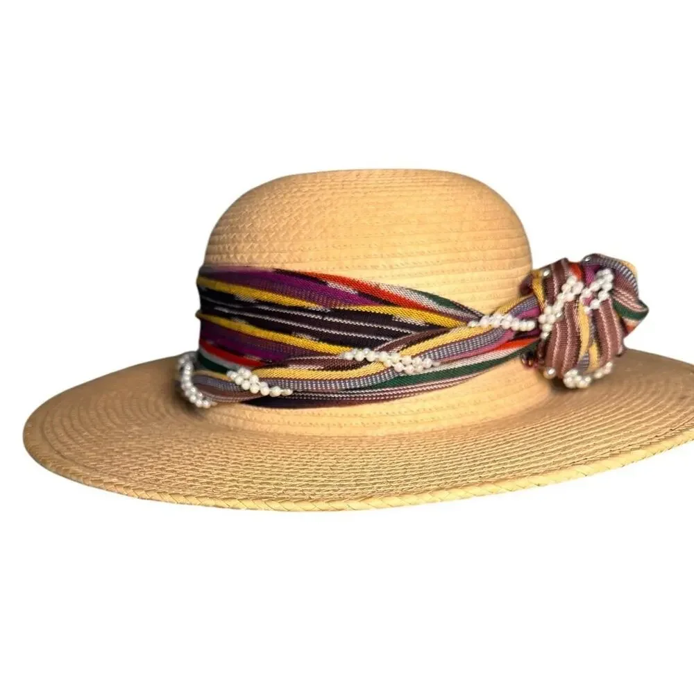 La Giralda Handcrafted Palm Leaves Sun Hat Sz 60 Multicolor Knot 90s Boho Resort - Picture 13 of 13